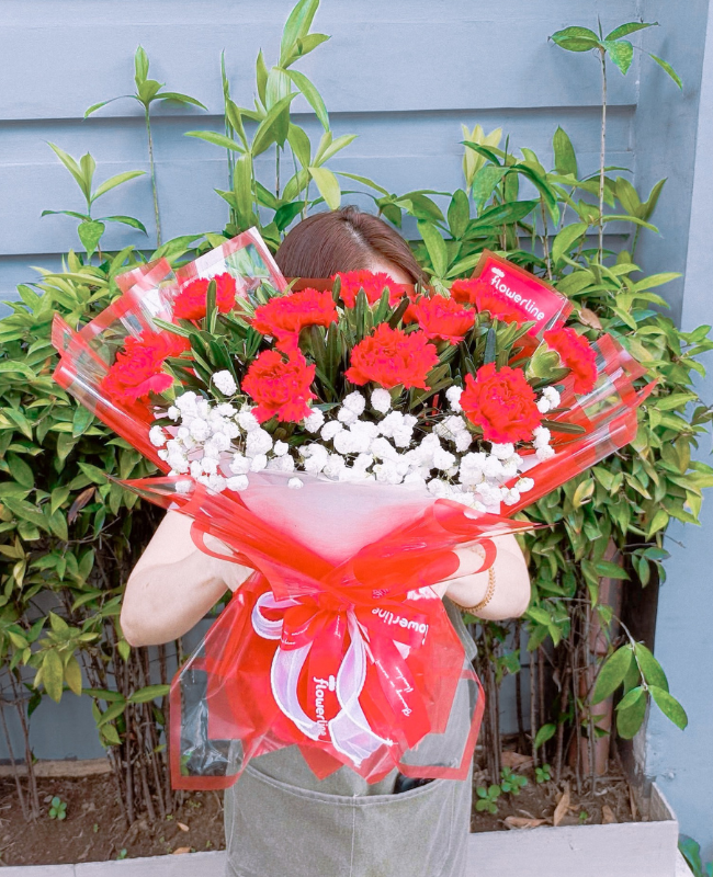 Vesta - Person holding a bouquet of red flowers with white accents in front of green plants.